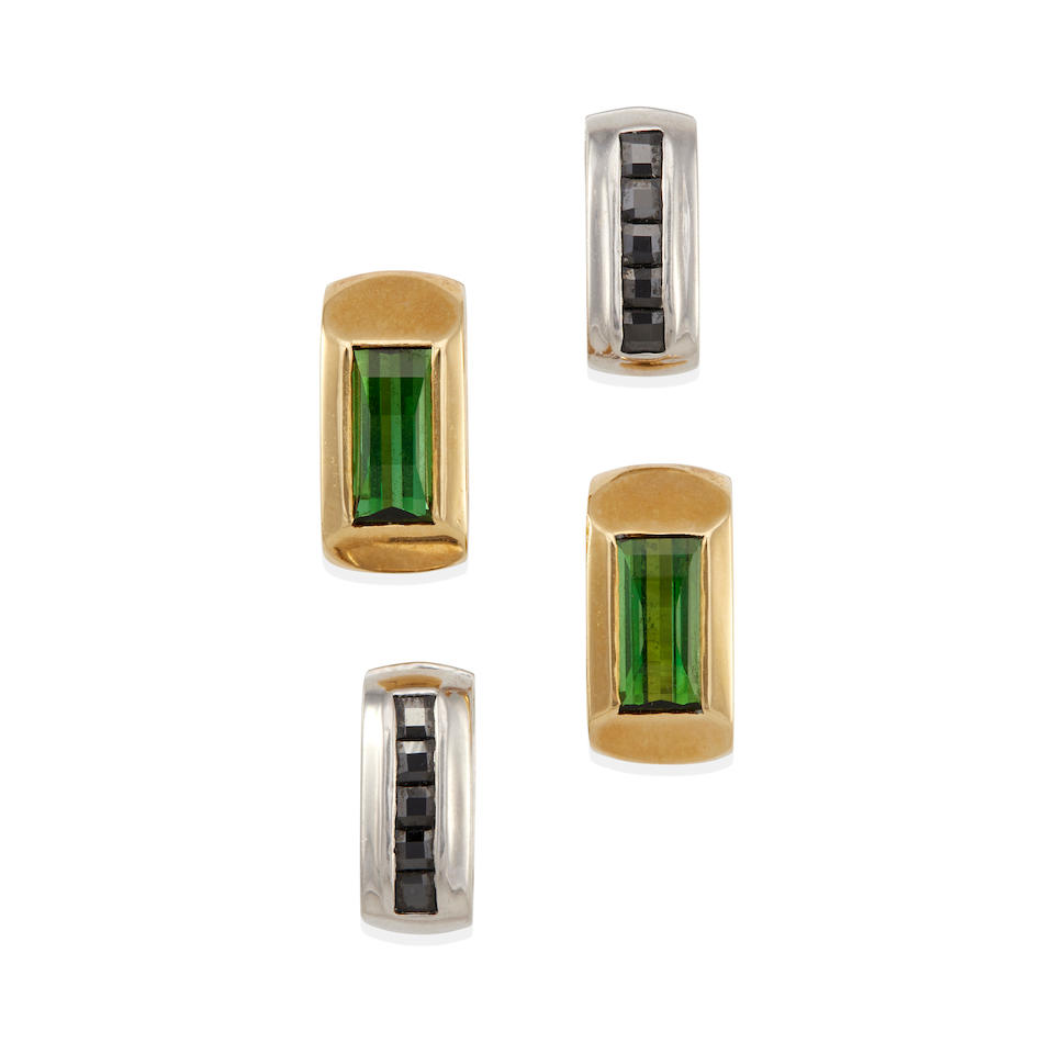 TWO PAIR 18K GOLD, PLATINUM, TOURMALINE, TREATED DIAMOND EARRINGS