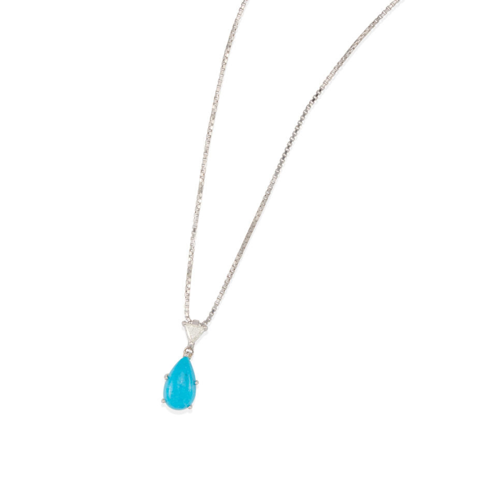 A PLATINUM, TURQUOISE AND DIAMOND PENDANT NECKLACE