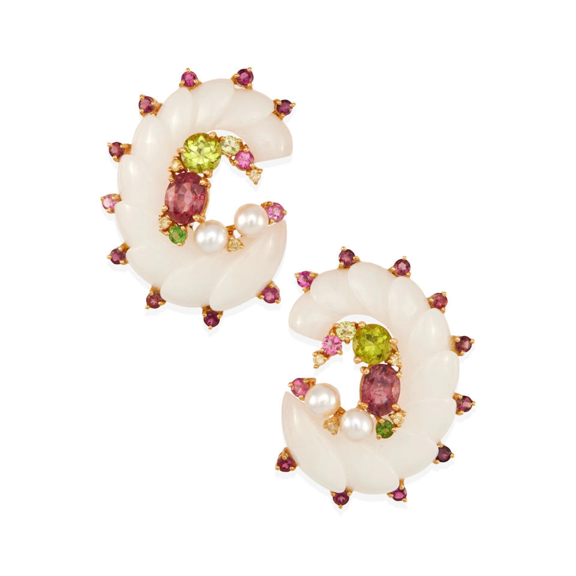 A PAIR OF 18K GOLD, WHITE AGATE AND GEM-SET CLIP EARRINGS
