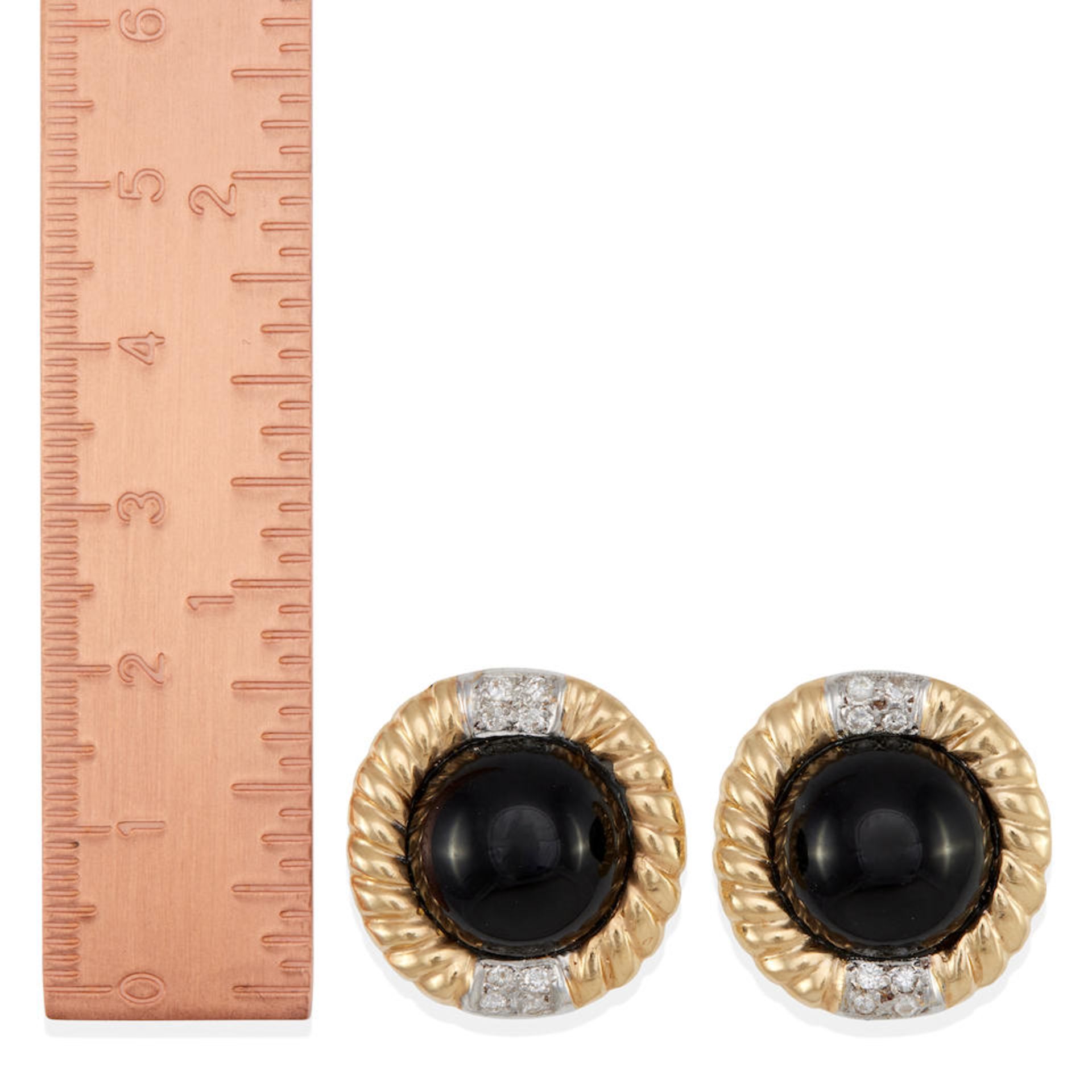 A PAIR OF 14K BI-COLOR GOLD, ONYX AND DIAMOND EARCLIPS - Image 2 of 3