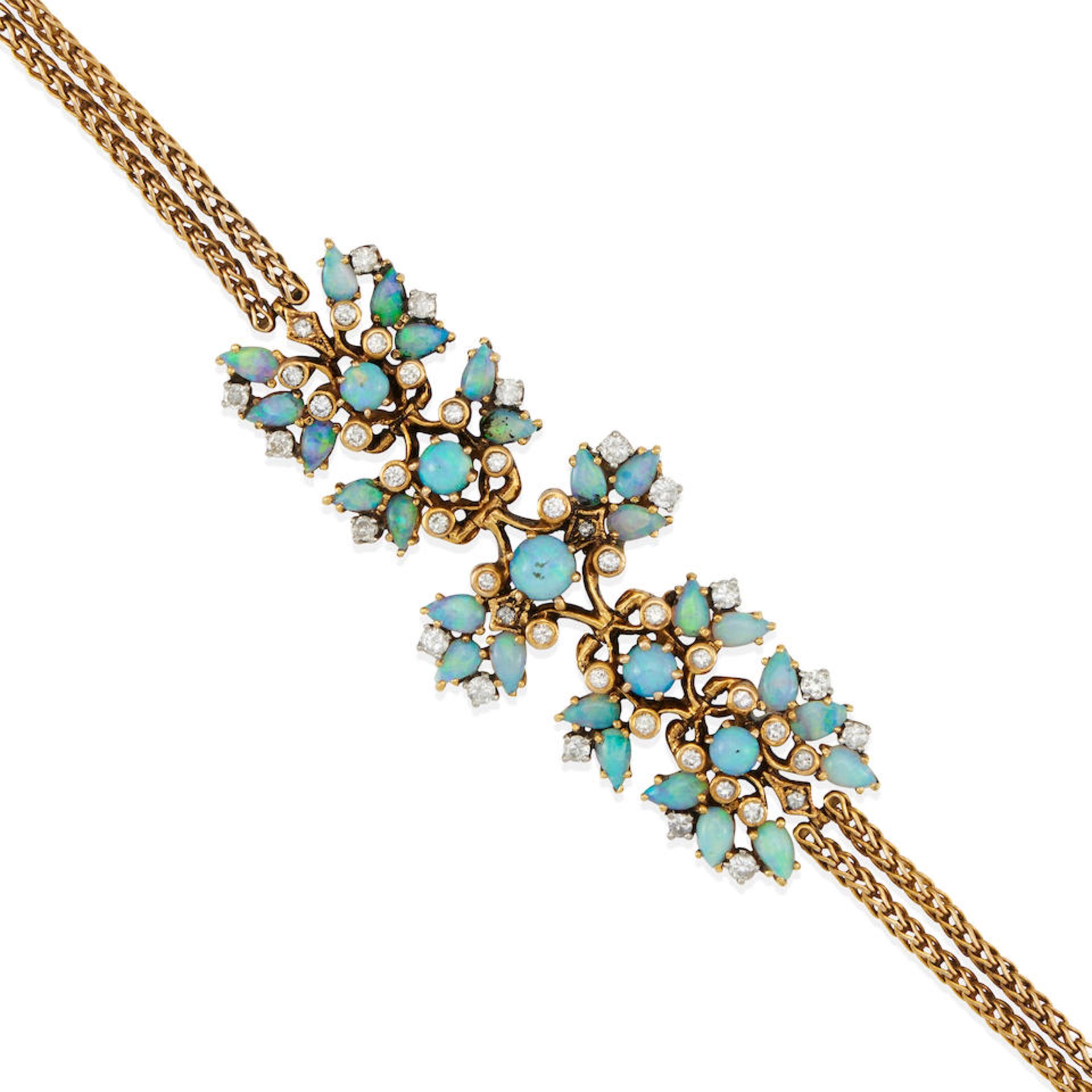 A 14K GOLD, OPAL, AND DIAMOND BRACELET