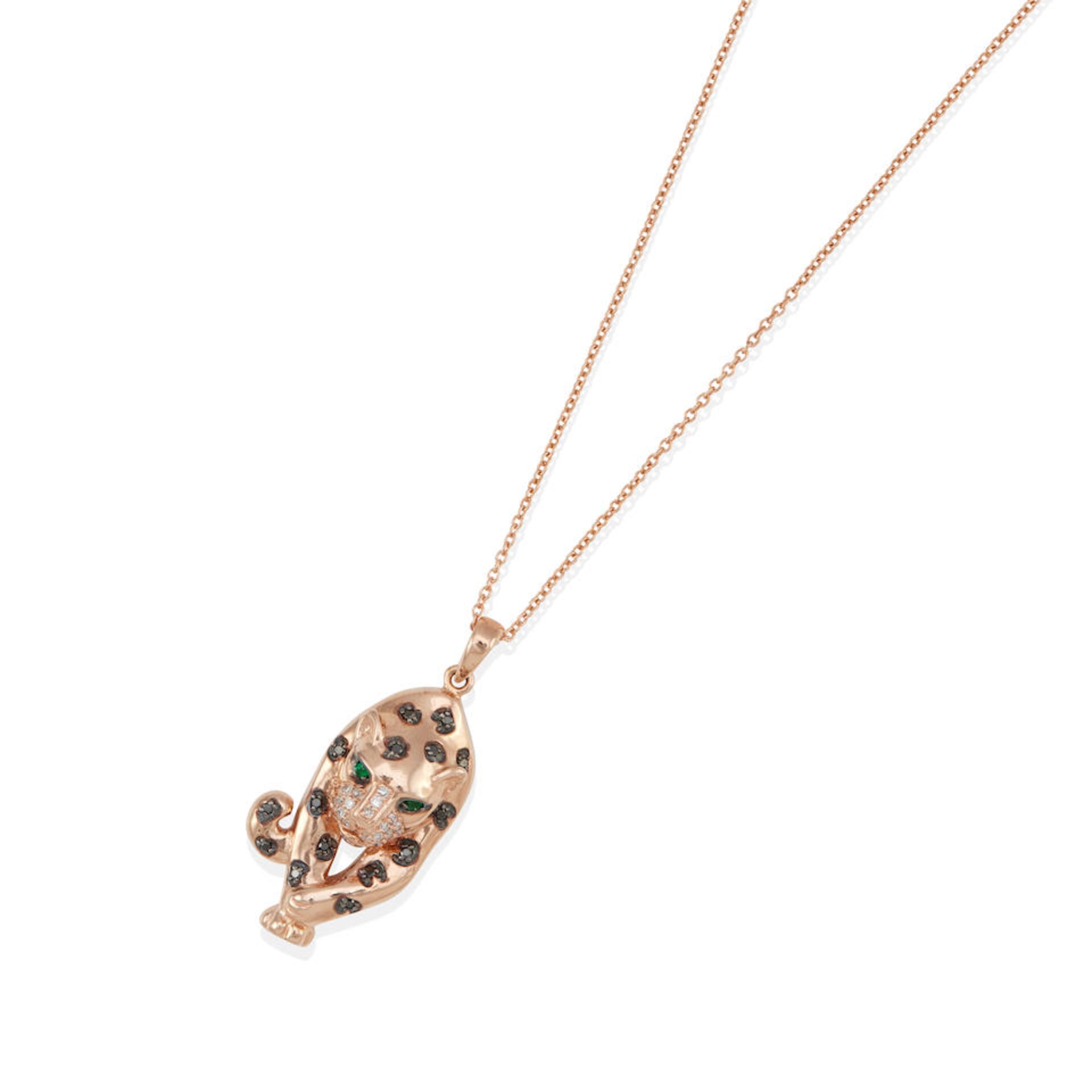 EFFY: A 14K ROSE GOLD, COLORED DIAMOND, EMERALD AND DIAMOND PANTHER PENDANT NECKLACE