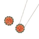 A 14K WHITE GOLD, CORAL AND EMERLAD RING AND PENDANT NECKLACE