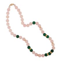 A 14K GOLD, ROSE QUARTZ AND MALACHITE BEADS