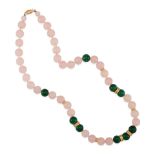 A 14K GOLD, ROSE QUARTZ AND MALACHITE BEADS