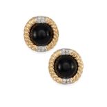 A PAIR OF 14K BI-COLOR GOLD, ONYX AND DIAMOND EARCLIPS