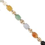 A 14K GOLD AND MULTI-COLORED JADE BRACELET