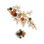 MINGS: A 14K GOLD, MULTI-COLORED JADE AND PEARL BROOCH AND UNSIGNED RING