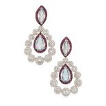 A PAIR OF 18K WHITE GOLD, AQUAMARINE, GARNET AND DIAMOND EARRINGS