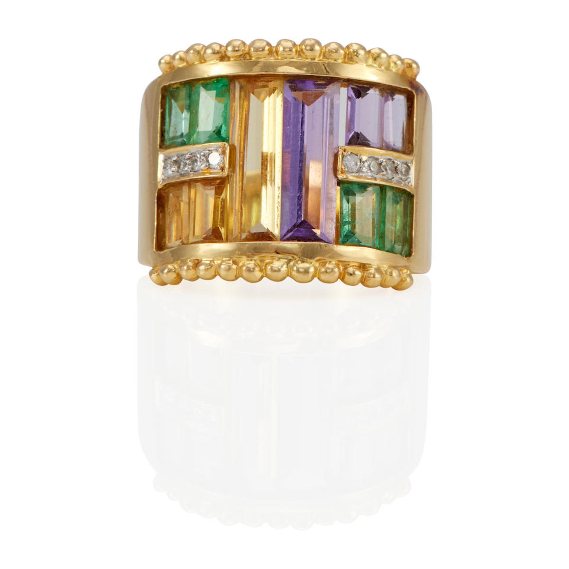 AN 18K GOLD, AMETHYST, CITRINE, EMERALD, AND DIAMOND RING