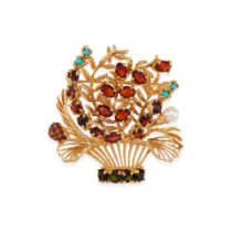 LUCIEN PICCARD: 14K GOLD, GARNET, DIOPSIDE, TURQUOISE AND PEARL PENDANT BROOCH