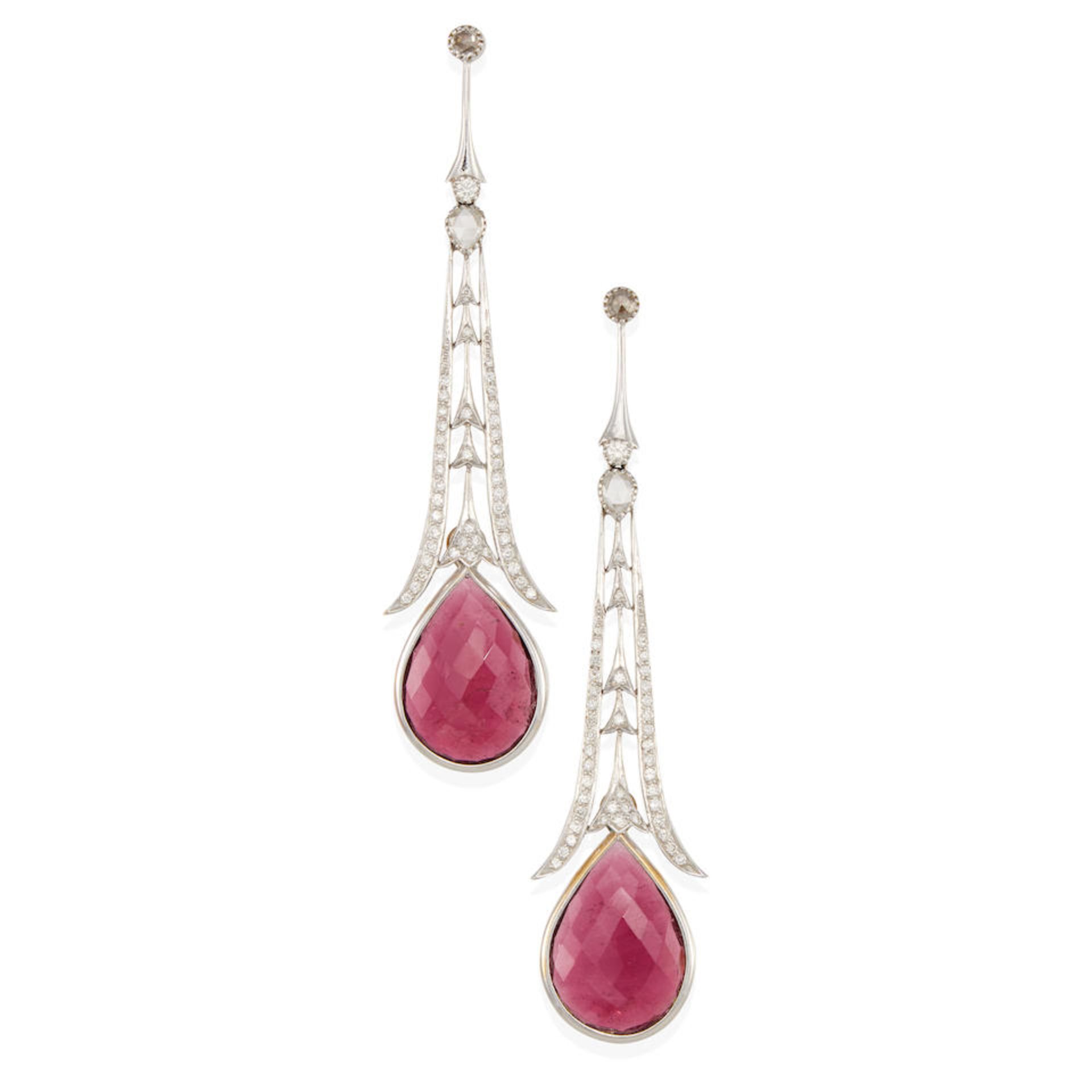 18K WHITE GOLD, RUBELLITE, AND DIAMOND EARRINGS