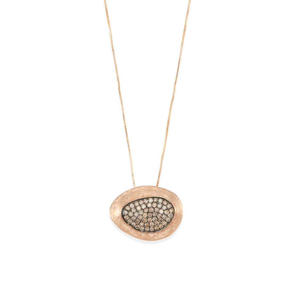 A 14K ROSE GOLD, COLORED DIAMOND AND DIAMOND PENDANT NECKLACE