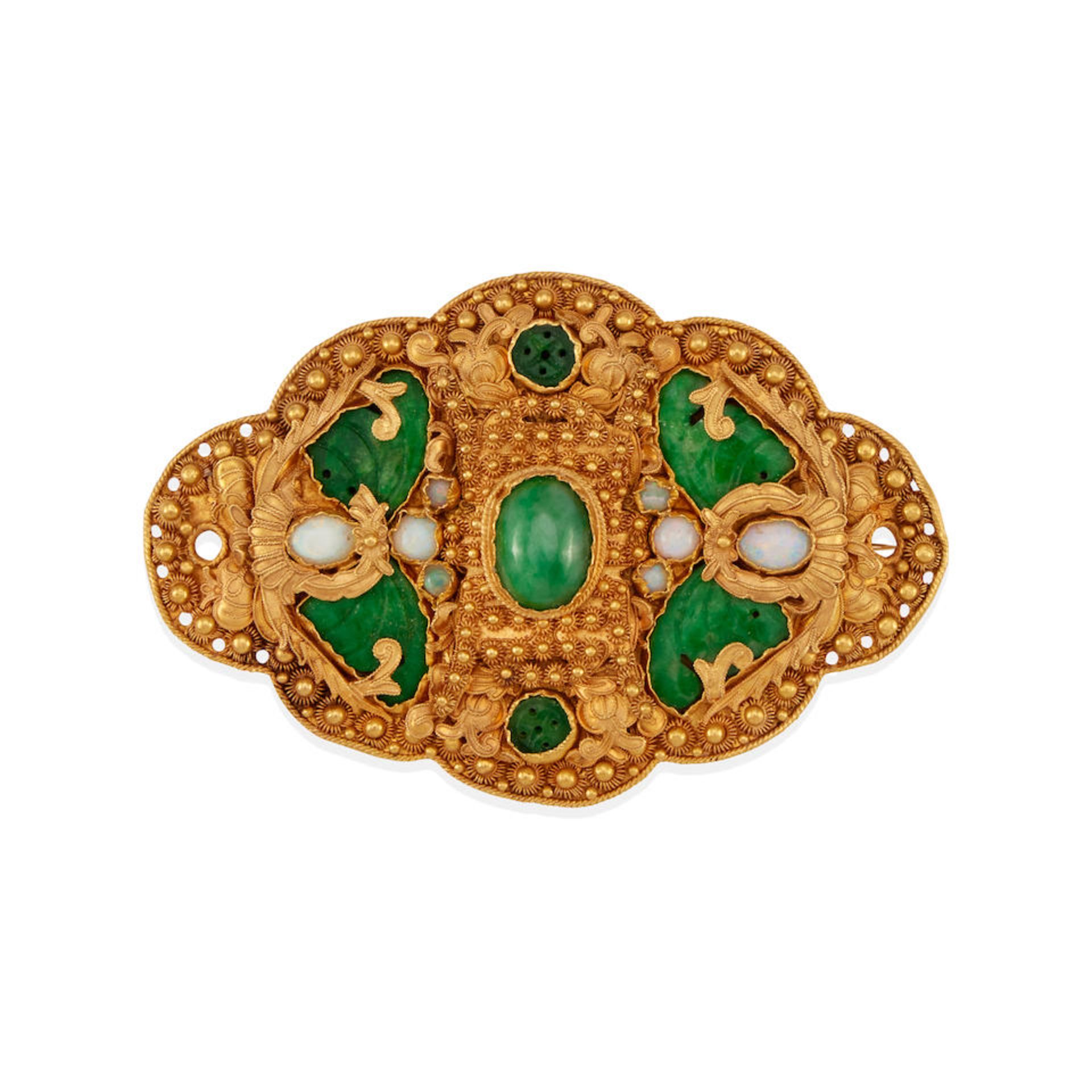 A 24K GOLD, JADE AND OPAL BROOCH