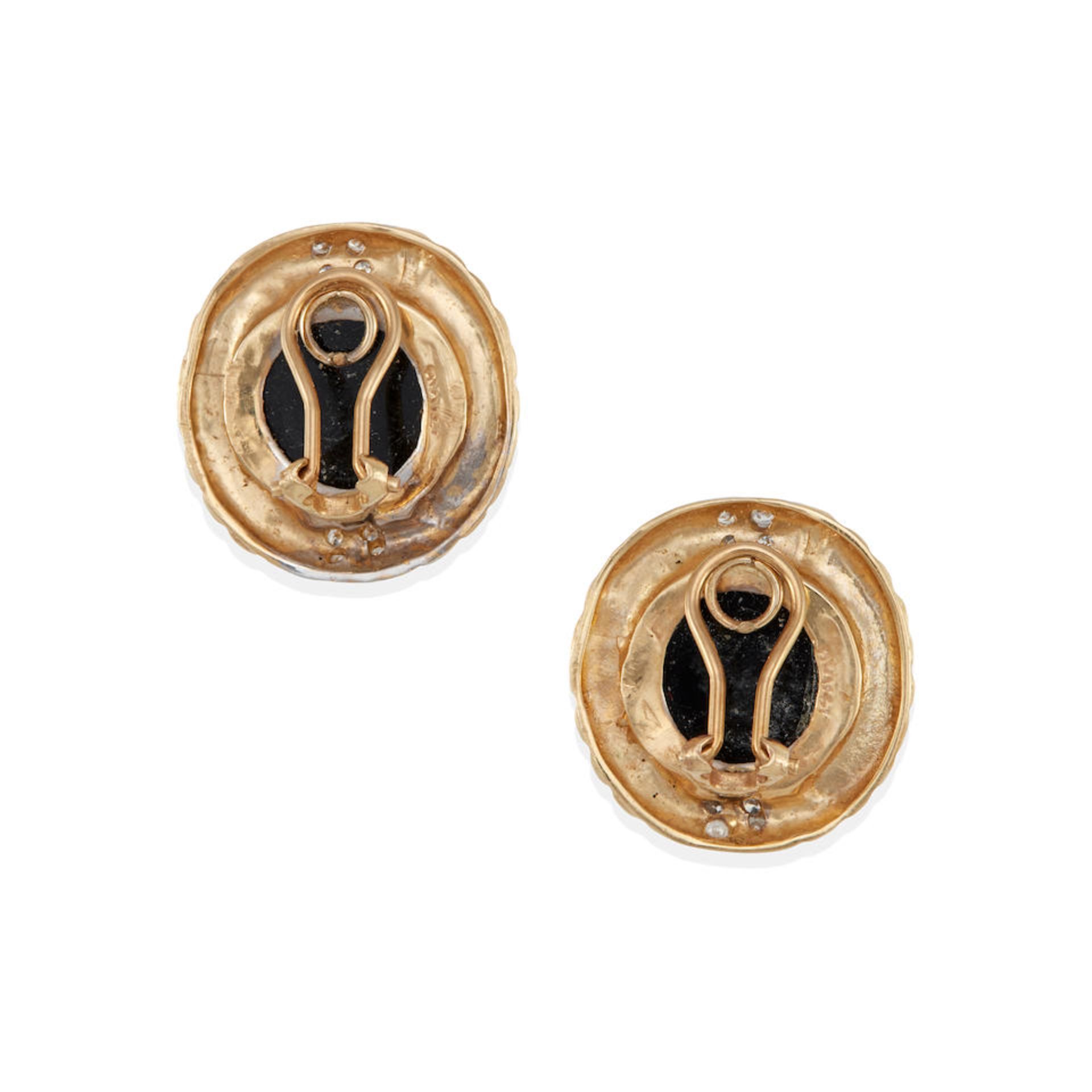 A PAIR OF 14K BI-COLOR GOLD, ONYX AND DIAMOND EARCLIPS - Image 3 of 3