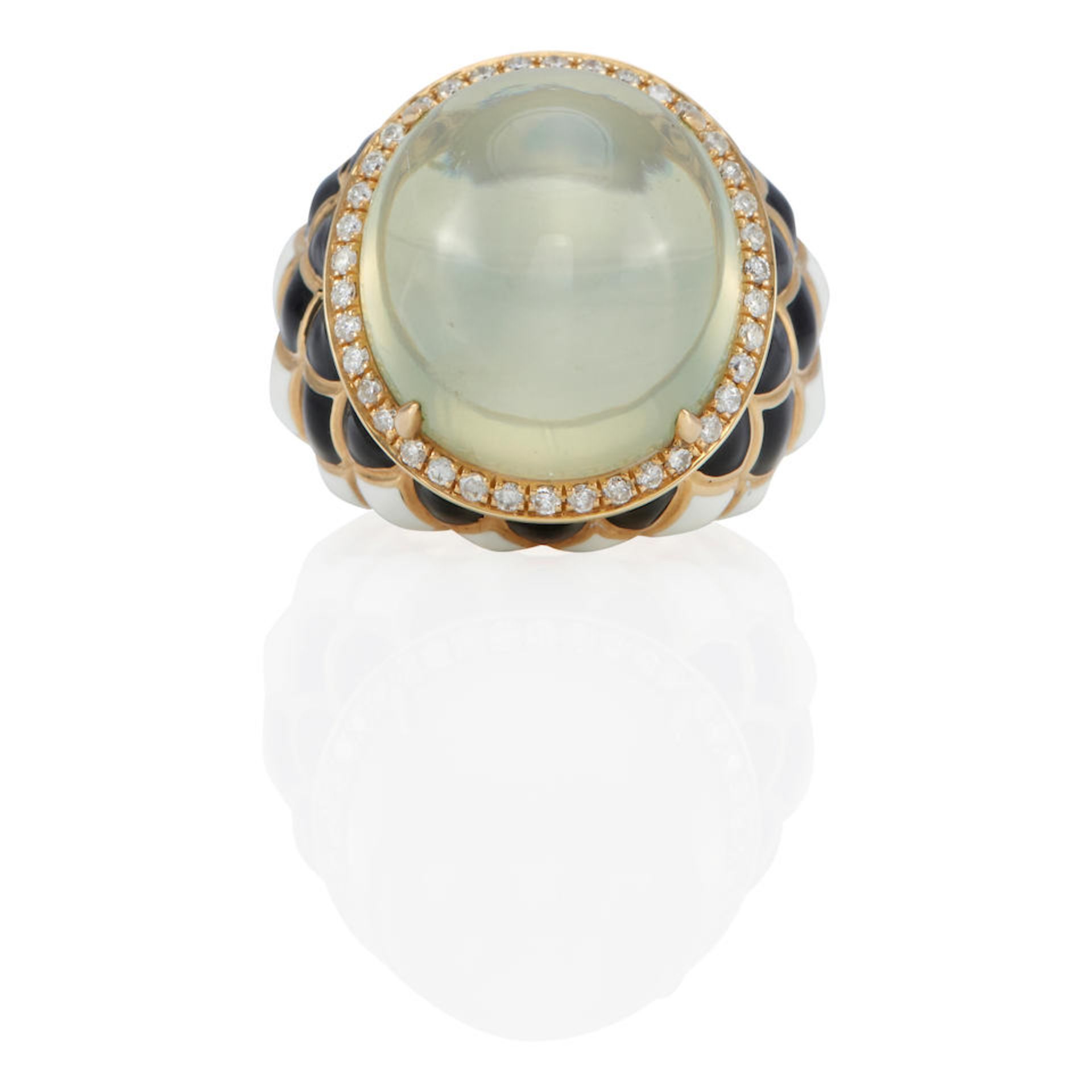 A 14K GOLD, MOONSTONE, ENAMEL AND DIAMOND RING