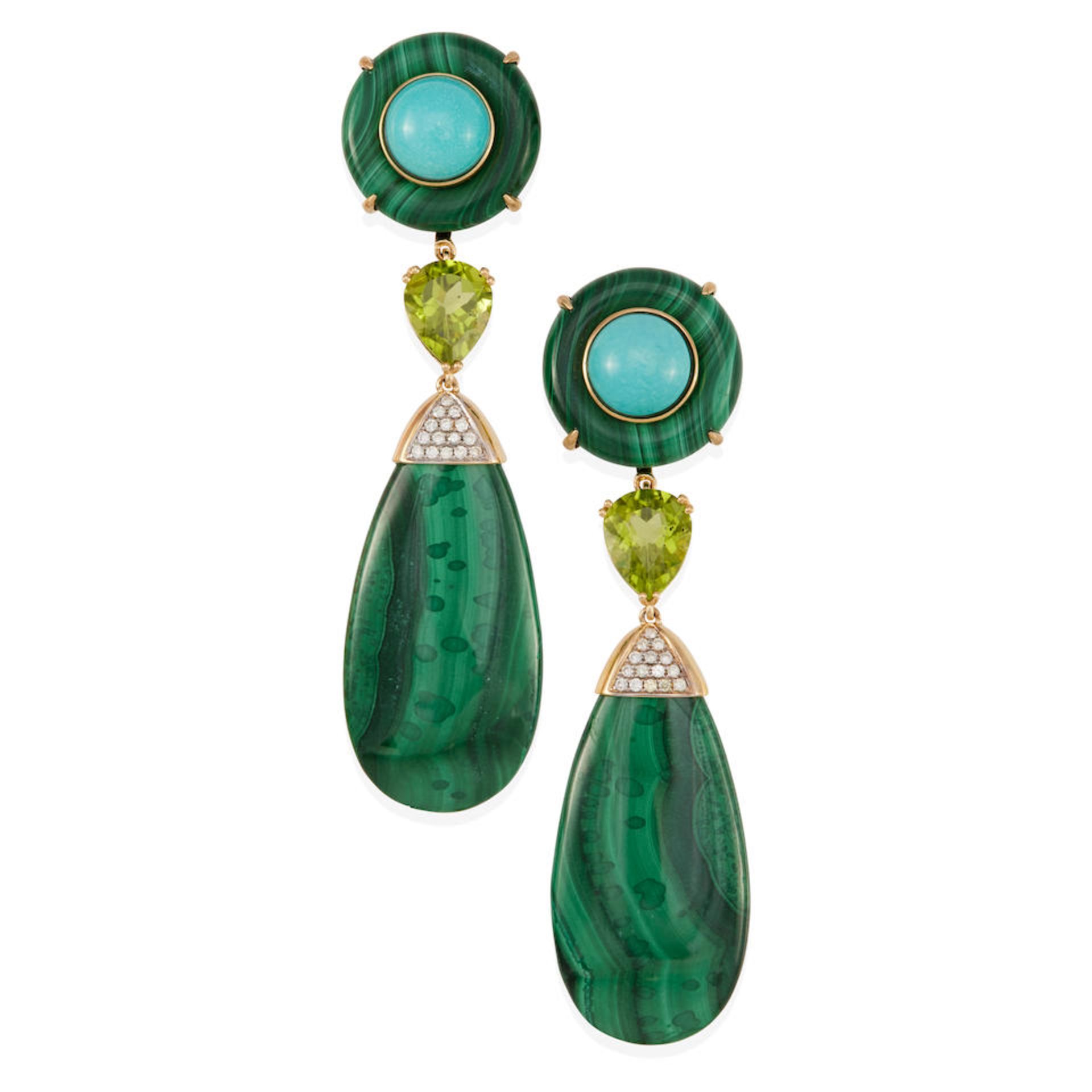 A PAIR OF 18K GOLD, MALACHITE, TURQUOISE, PERIDOT AND DIAMOND EARCLIPS/EARRINGS