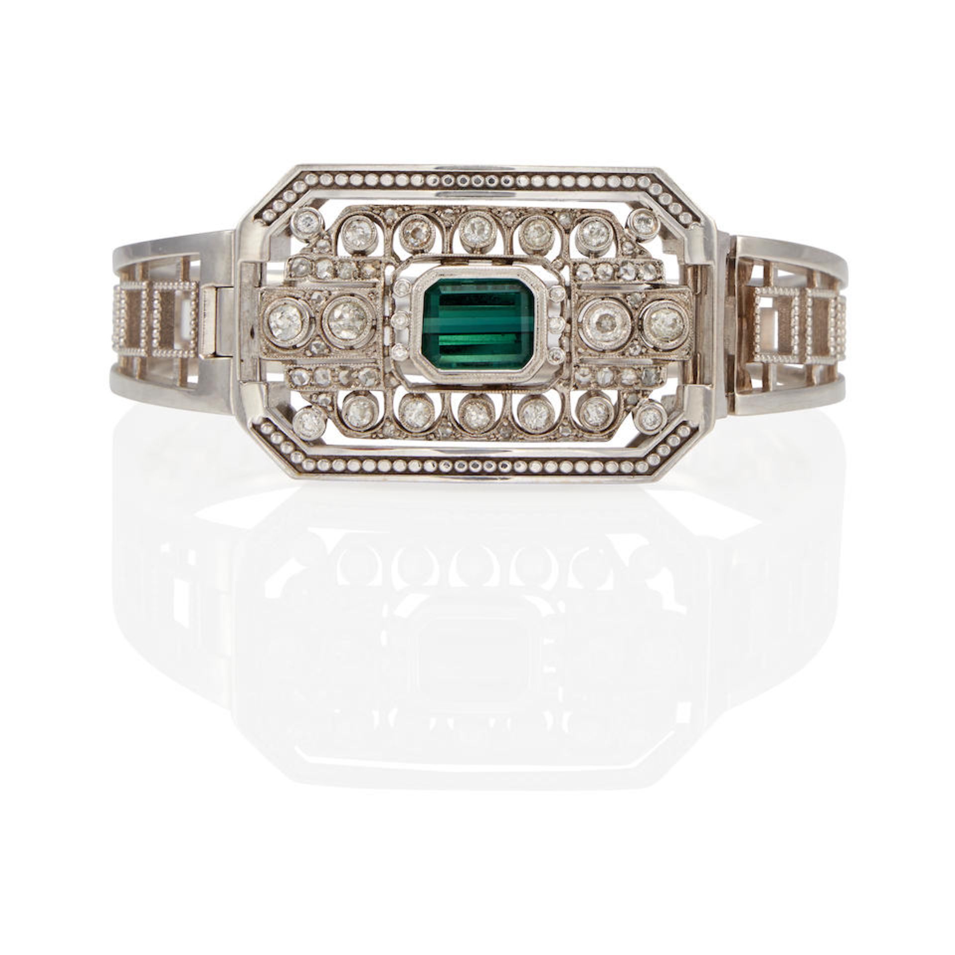 A 14K WHITE GOLD, TOURMALINE, AND DIAMOND BANGLE BRACELET - Image 2 of 2