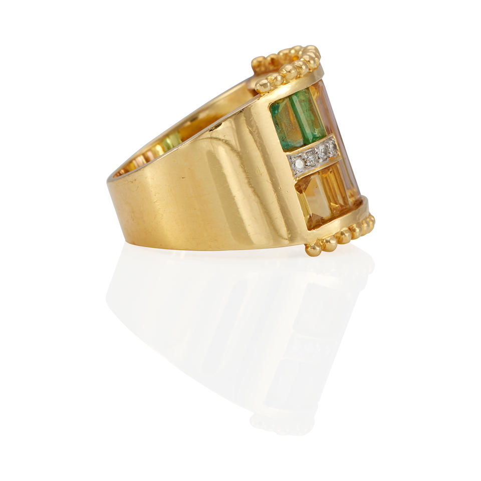 AN 18K GOLD, AMETHYST, CITRINE, EMERALD, AND DIAMOND RING - Image 3 of 3