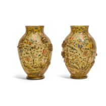 A PAIR OF MOSER ENAMELLED AMBER GLASS VASESLate 19th century