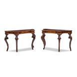 A PAIR OF NORTHERN ITALIAN MARQUETRY INLAID WALNUT CONSOLE TABLES18th century