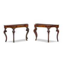 A PAIR OF NORTHERN ITALIAN MARQUETRY INLAID WALNUT CONSOLE TABLES18th century