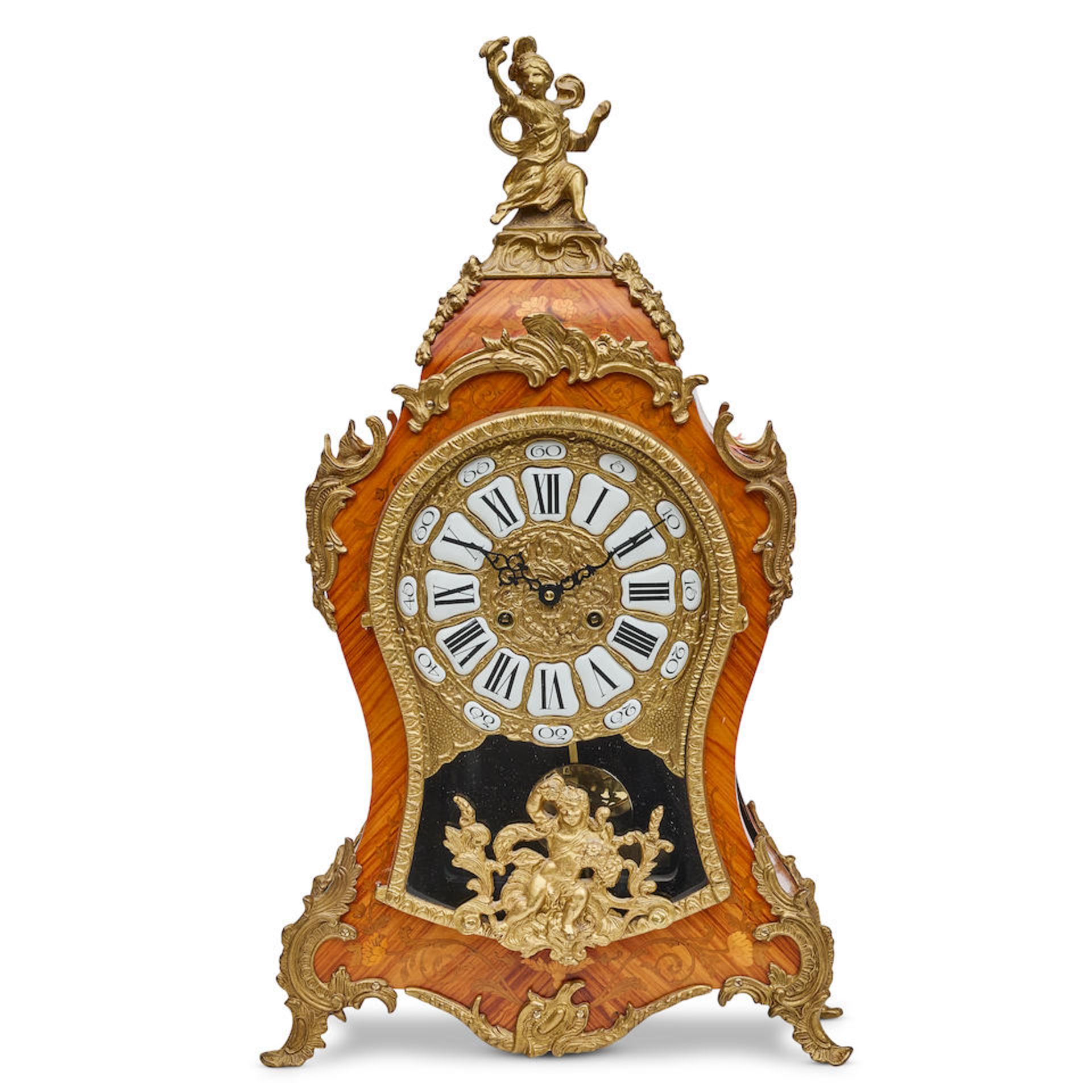 A LOUIS XV STYLE GILT BRONZE MOUNTED MARQUETRY MANTEL CLOCK