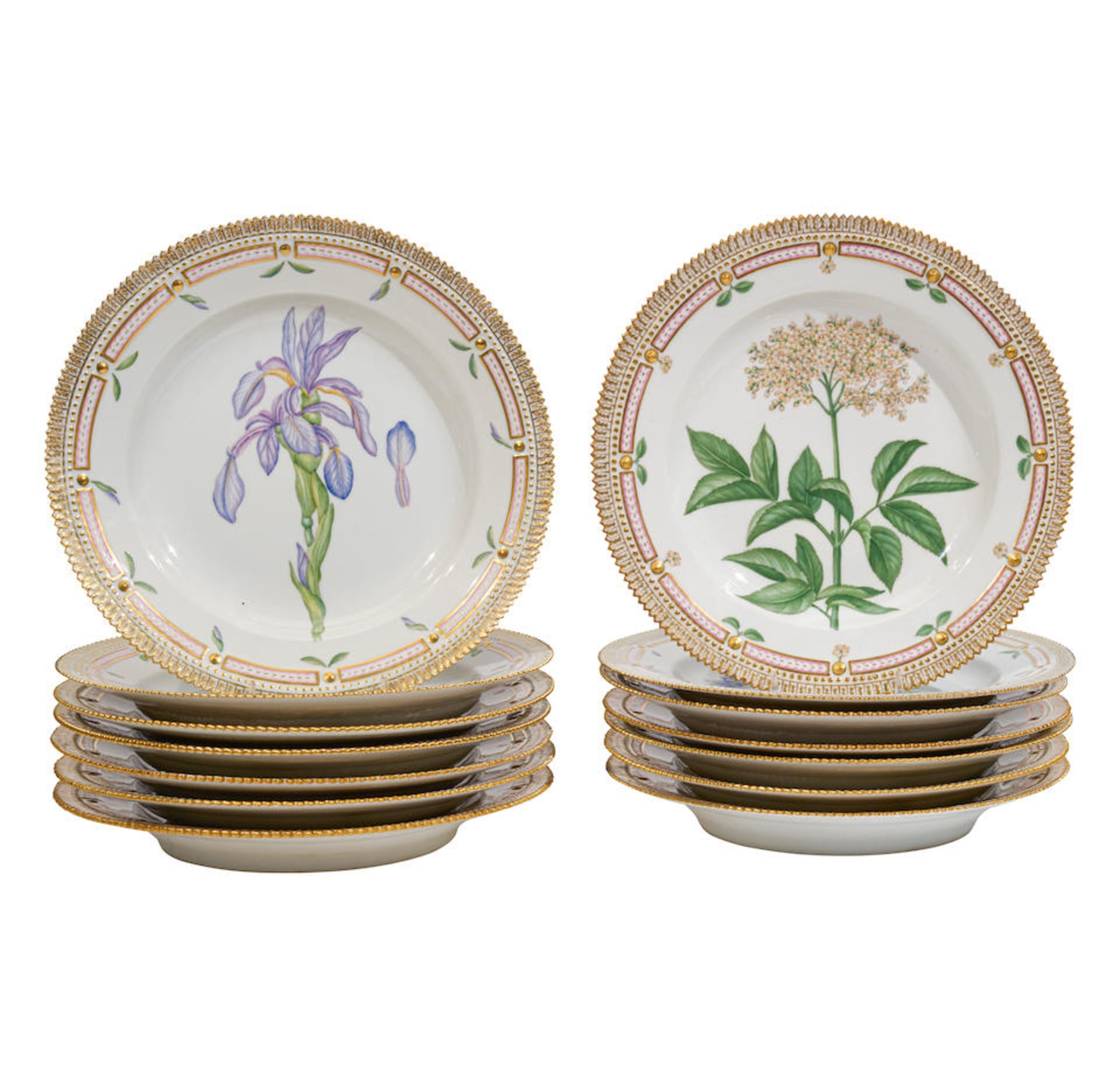 A SET OF FOURTEEN ROYAL COPENHAGEN PORCELAIN FLORA DANICA DINNER PLATESDenmark, late 19th-20th c...