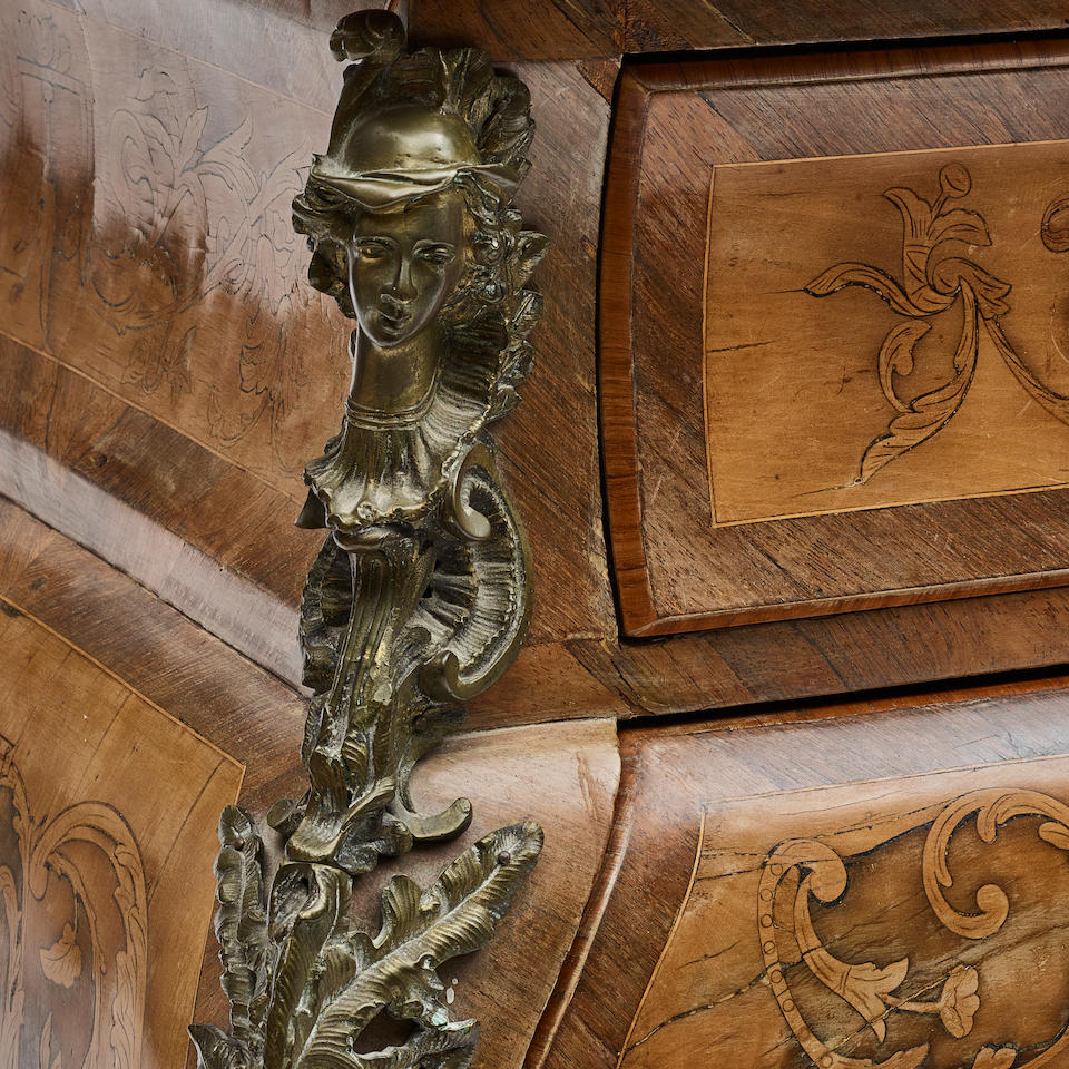 A LOUIS XV STYLE MARBLE TOP GILT BRONZE MOUNTED MARQUETRY FRUITWOOD COMMODE - Image 3 of 3