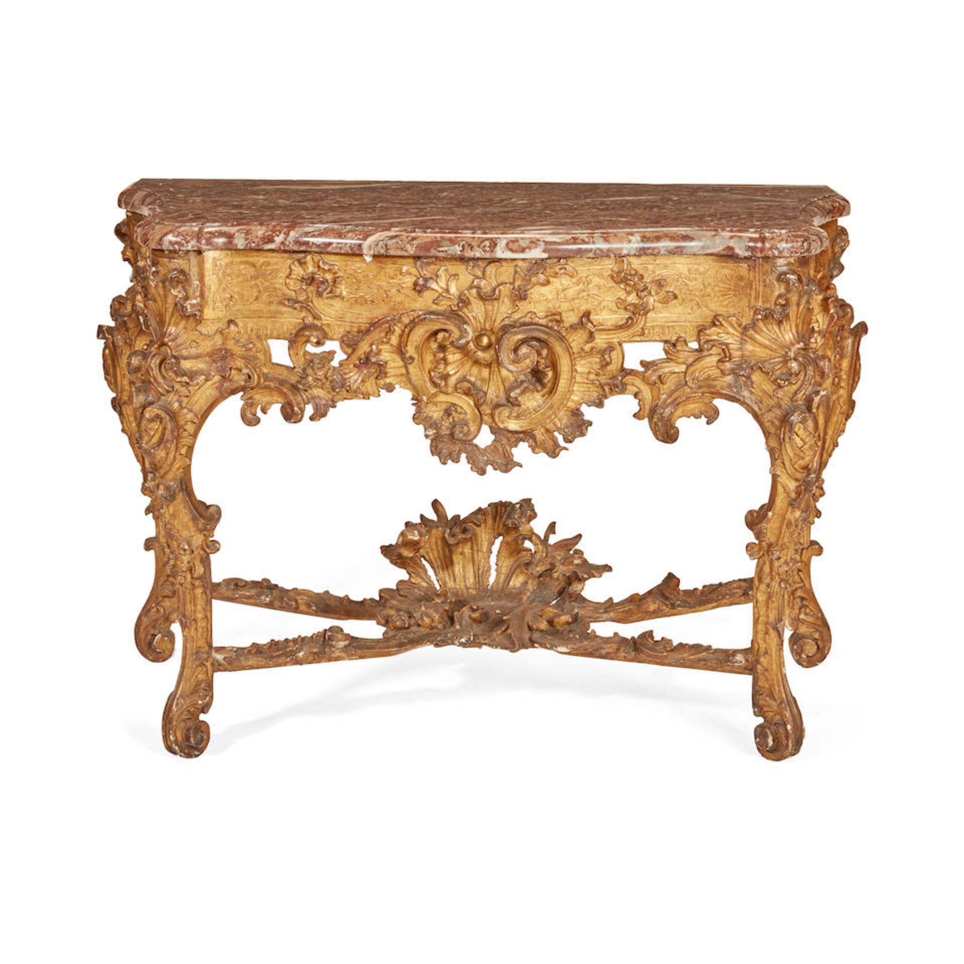 A GERMAN ROCOCO MARBLE TOP CARVED GILTWOOD CONSOLE TABLEMid-18th century - Bild 2 aus 2
