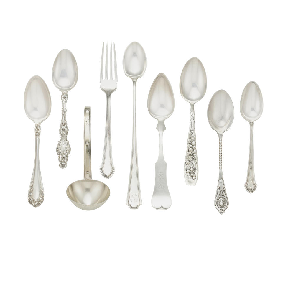 A GROUP OF AMERICAN COIN AND STERLING SILVER FLATWARE by various makers 19th-20th centuries