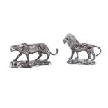 TWO SOUTH AFRICAN STERLING SILVER FILLED MODELS OF BIG CATS by Afrisilver, 20th century