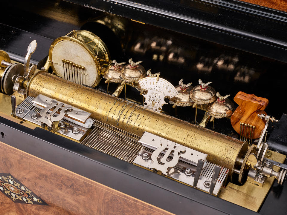 A SWISS MOTHER-OF-PEARL INLAID PART EBONIZED AND MARQUETRY BURLWOOD CYLINDER MUSIC BOX ON STANDT... - Image 3 of 3