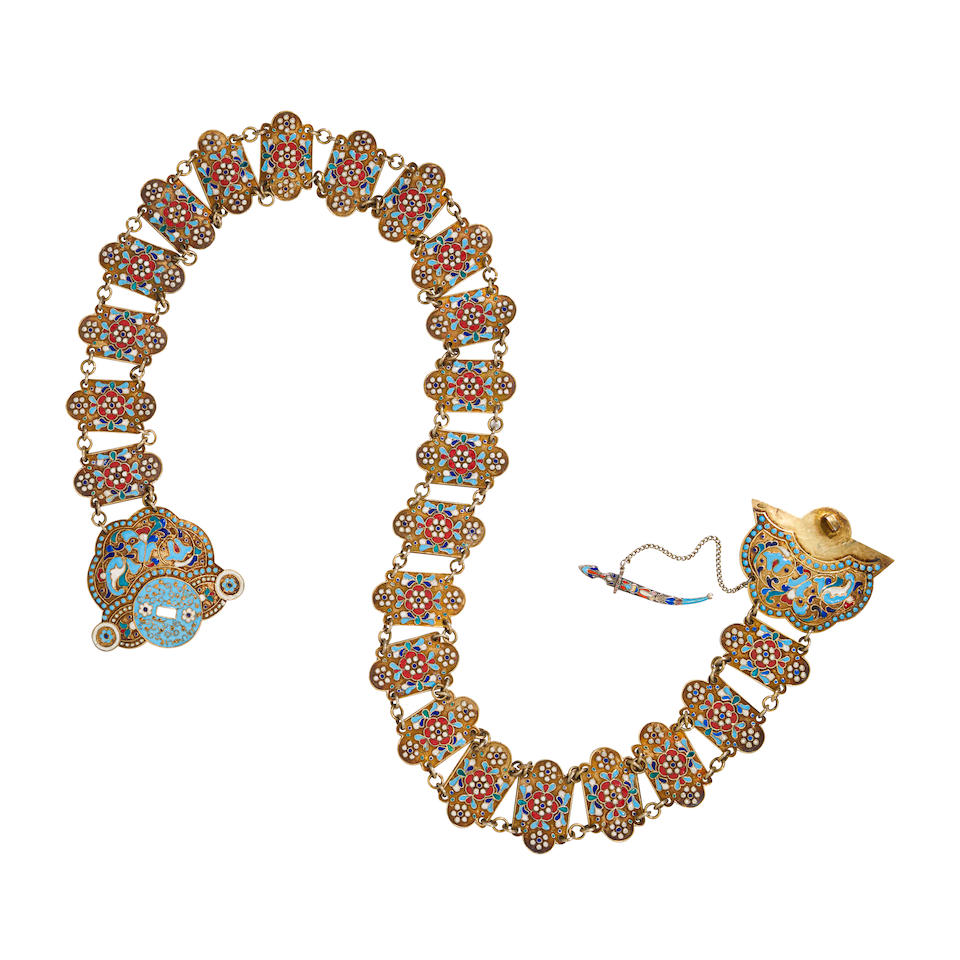 A RUSSIAN ENAMEL AND 84 SILVER-GILT BELT marked И.Т., Moscow, 1898-1908