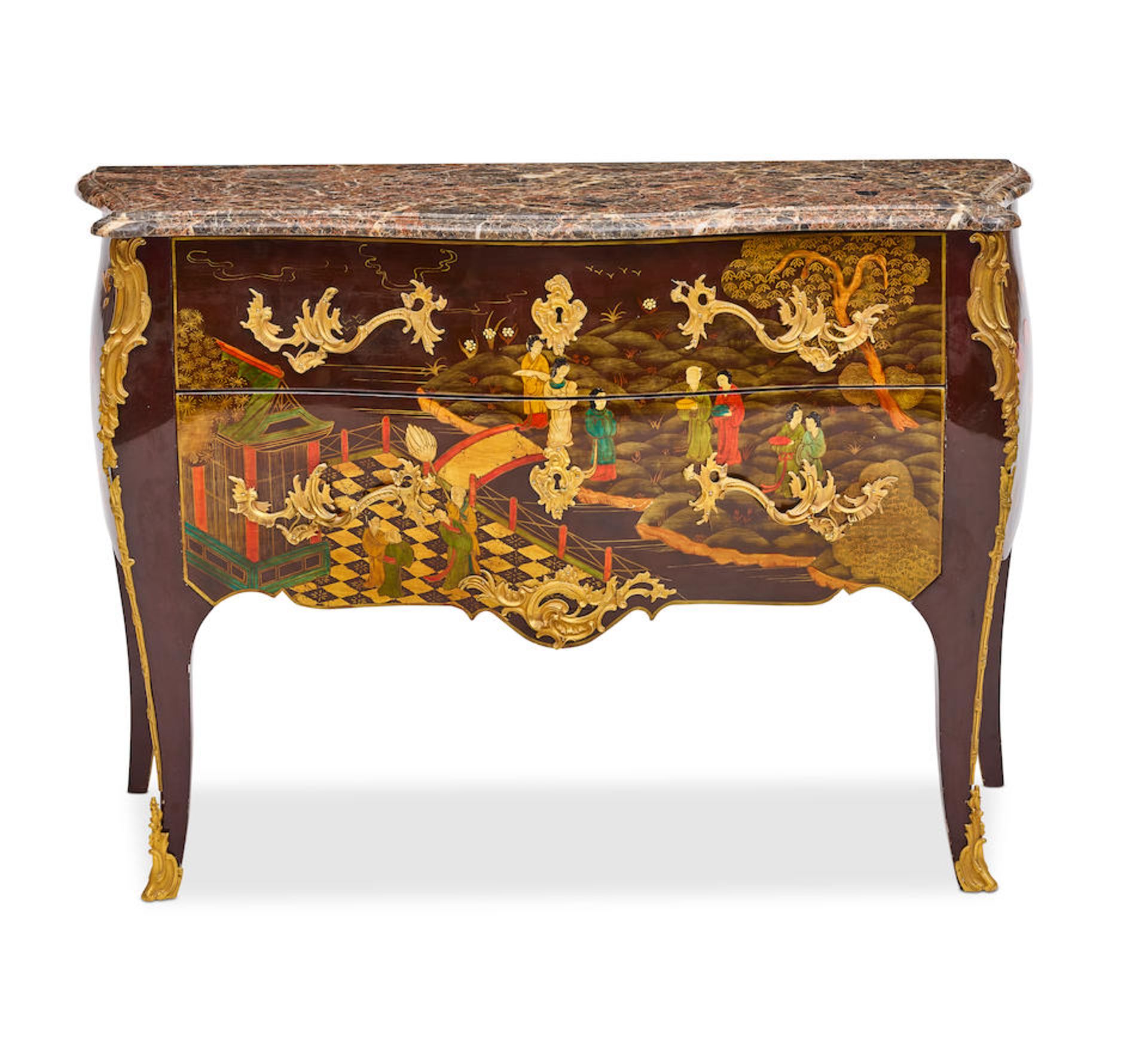 A LOUIS XV STYLE MARBLE TOP CHINOISERIE COMMODE