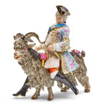 A MEISSEN PORCELAIN FIGURAL GROUP OF COUNT BRUHL'S TAILOR ON A GOATAfter the 18th-century model ...