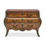 A LOUIS XV STYLE MARBLE TOP GILT BRONZE MOUNTED MARQUETRY FRUITWOOD COMMODE