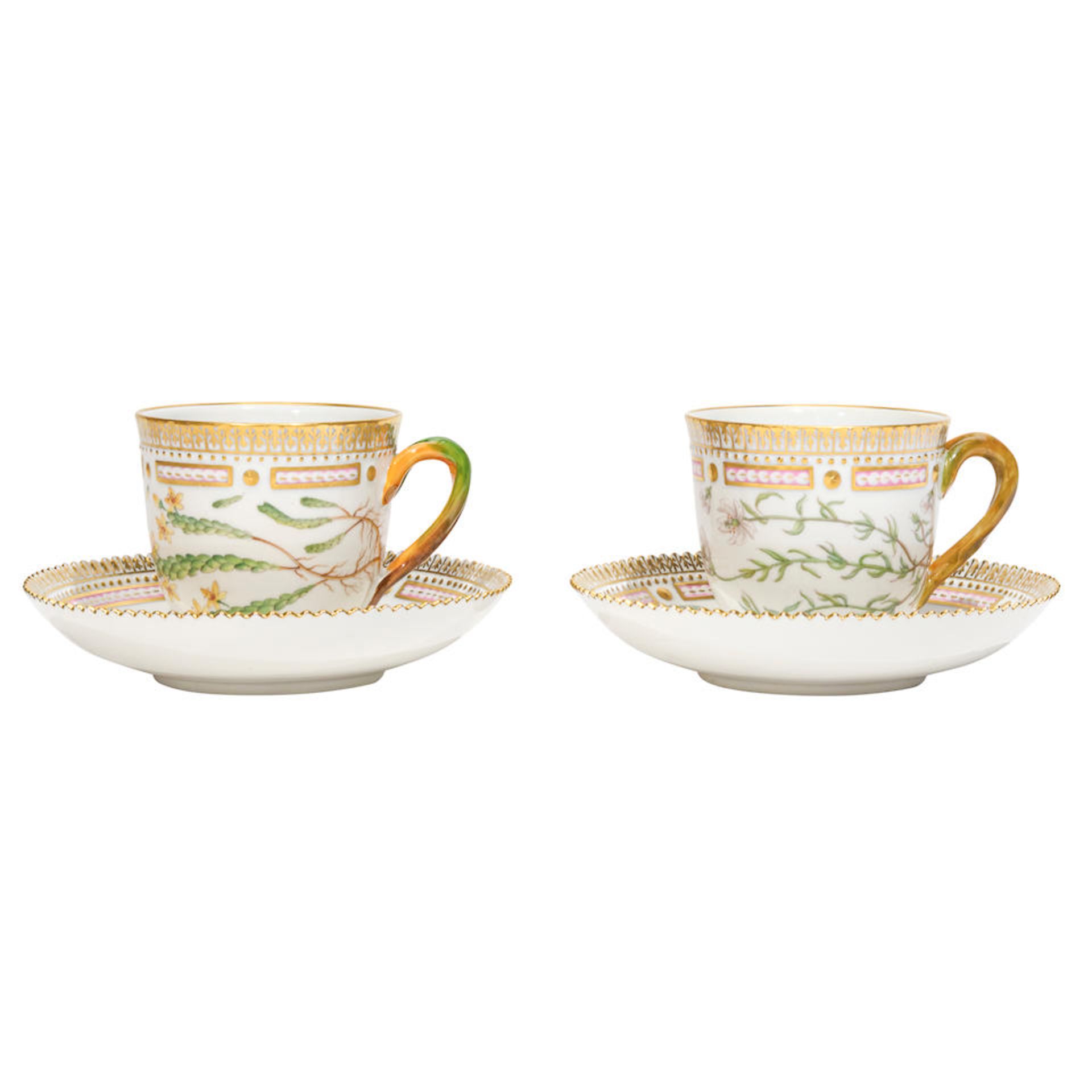 TWELVE ROYAL COPENHAGEN PORCELAIN FLORA DANICA TEACUPS ON SAUCER SETSDenmark, 20th century