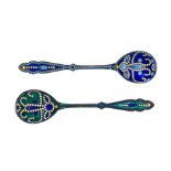 TWO RUSSIAN ENAMEL AND SILVER SPOONS Moscow, late 19th/early 20th century