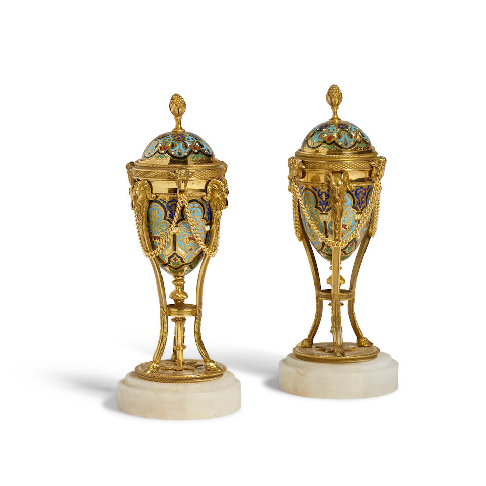 A PAIR OF FRENCH CHAMPLEVÉ, GILT BRONZE, AND MARBLE CASSOLETTES CANDLESTICKSLate 19th century