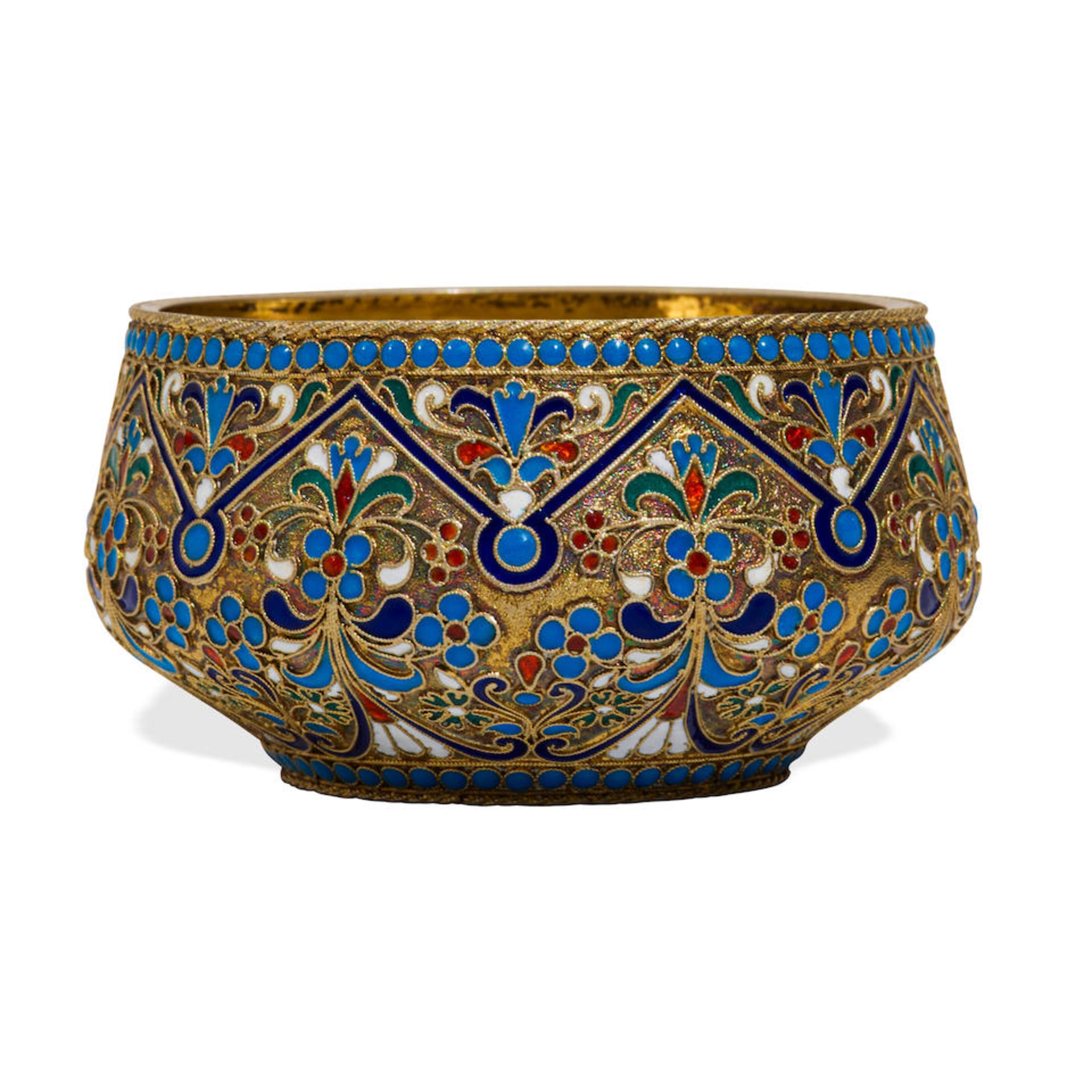 A RUSSIAN ENAMEL AND 84 SILVER-GILT SMALL BOWL Moscow, 1882-1899