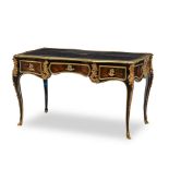 A LOUIS XV STYLE LEATHER INSET BRASS AND GILT BRONZE MOUNTED CHINOISERIE LACQUERED BUREAU PLAT
