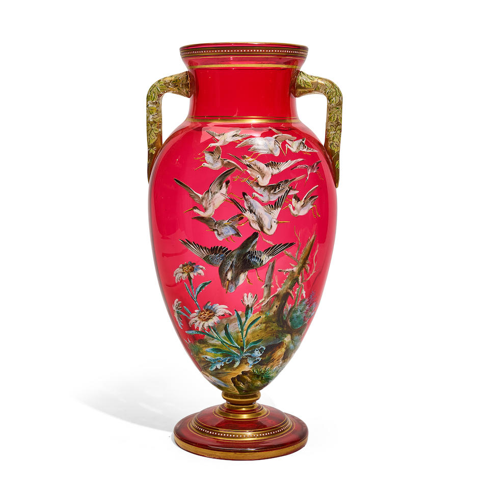 A MOSER GILT AND ENAMELLED RUBY GLASS TWO-HANDLED VASECirca 1900