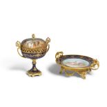 A SÈVRES STYLE GILT BRONZE MOUNTED PORCELAIN COVERED COMPOTE AND PLATELate 19th/early 20th ...