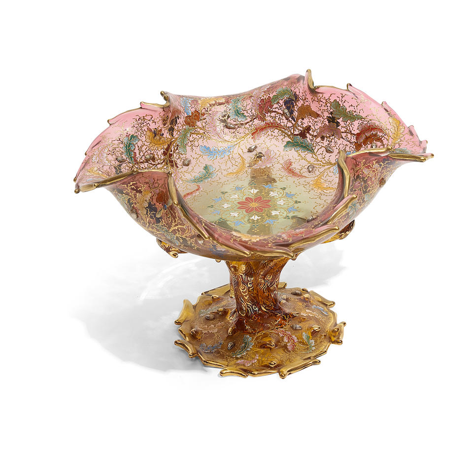 A MOSER GILT AND ENAMELLED ROSE AND AMBER GLASS COMPOTELate 19th century - Image 2 of 2