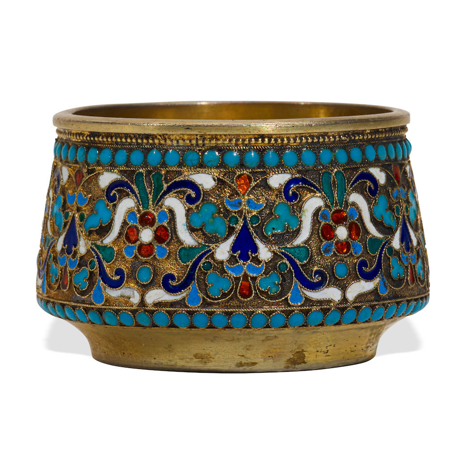 A RUSSIAN ENAMEL AND 84 SILVER-GILT SALT CELLAR by Nikolai Alekseev, Moscow, 1885-1898