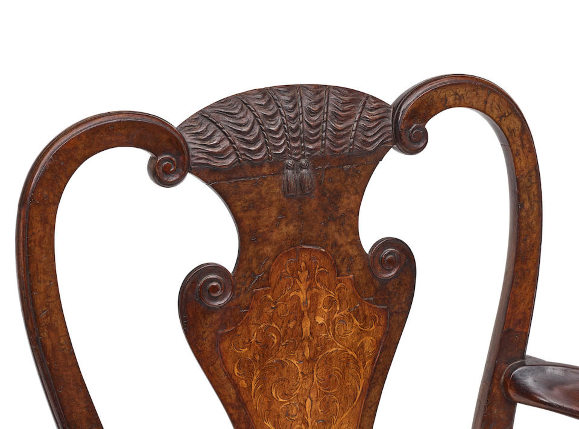 AN ENGLISH CARVED MARQUETRY WALNUT ARMCHAIREarly 18th century - Image 3 of 3