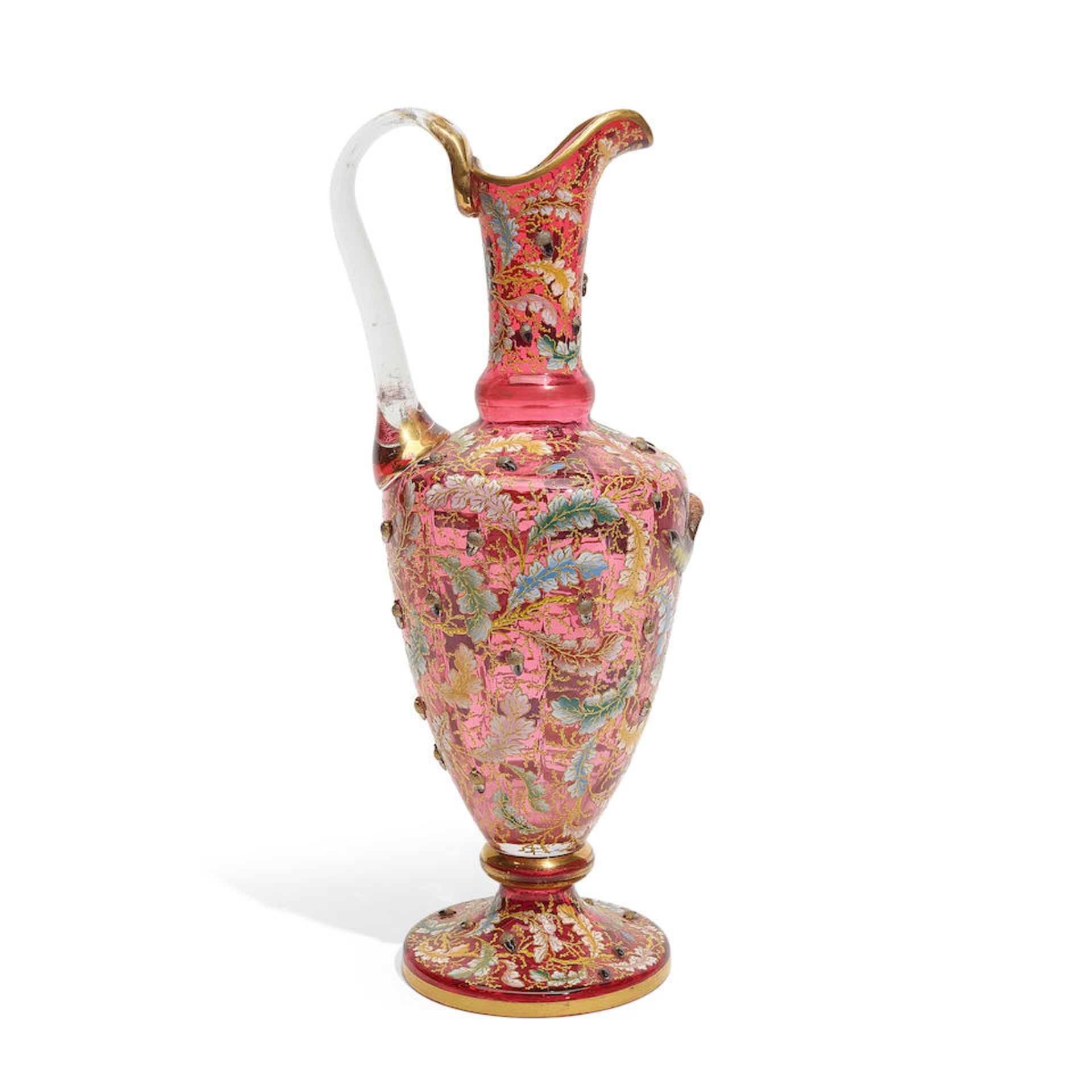 A MOSER GILT AND ENAMELLED CRANBERRY GLASS EWERLate 19th century