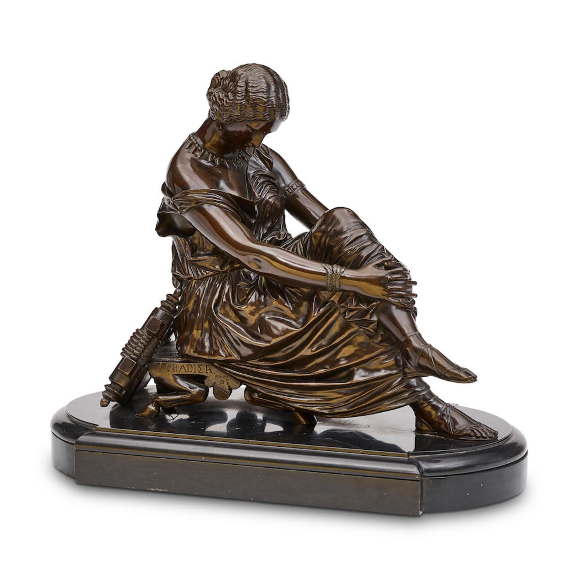 A PATINATED BRONZE FIGURE OF A SEATED WOMAN WITH A LUTEAfter Jean Jacques Pradier, 20th century