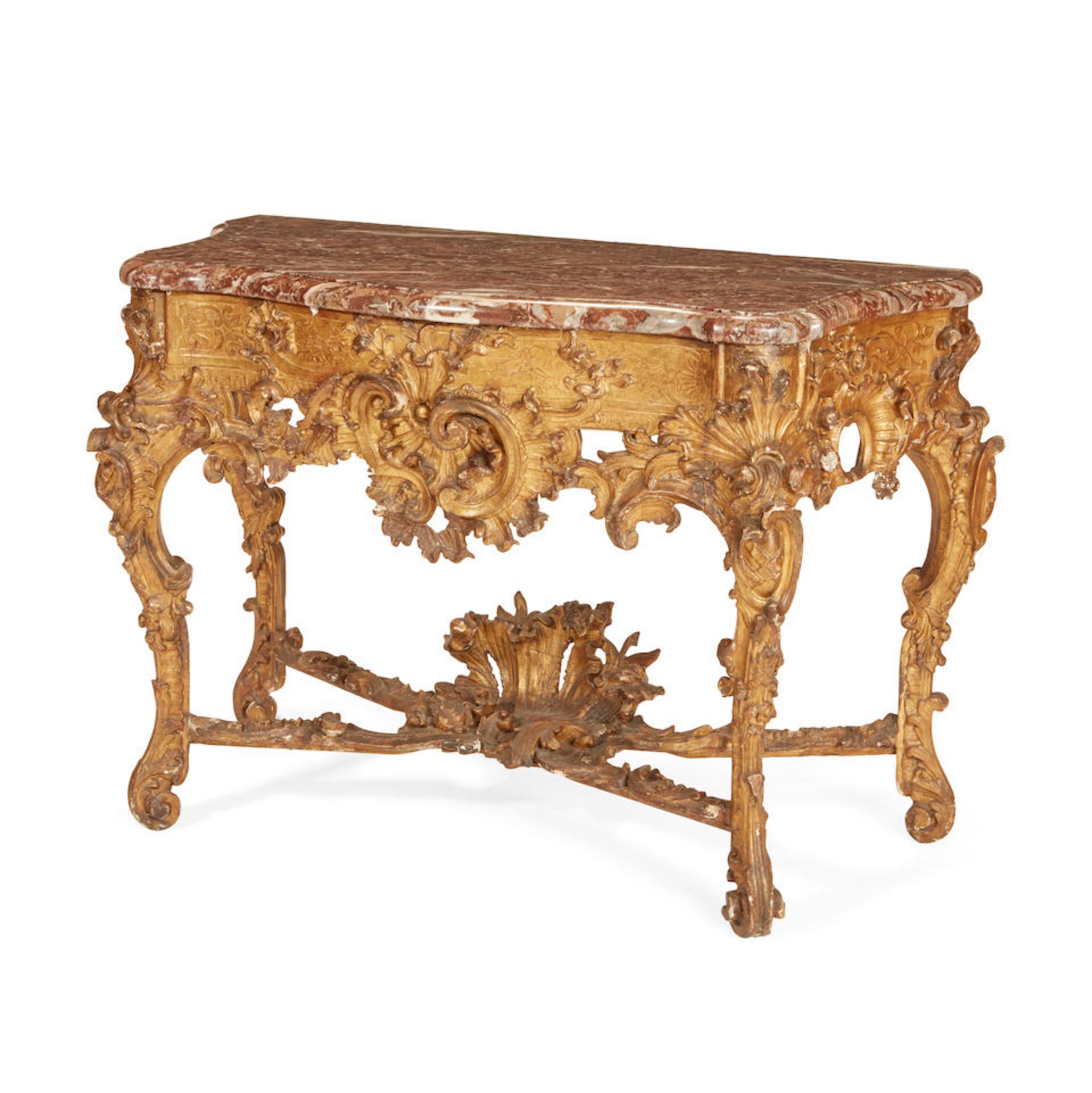 A GERMAN ROCOCO MARBLE TOP CARVED GILTWOOD CONSOLE TABLEMid-18th century